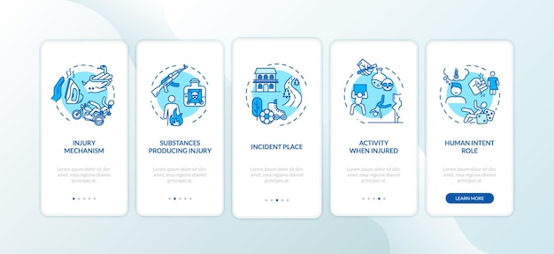 Mecanismo de lesão, causa a tela da página do aplicativo móvel de integração com conceitos. substâncias produtoras de trauma passo a passo com instruções gráficas de 5 etapas. modelo de vetor de interface do usuário com ilustrações coloridas rgb