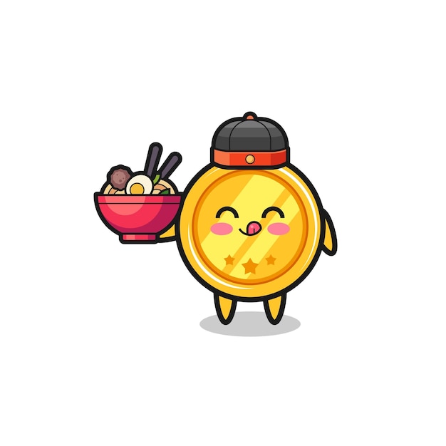 Medalha como mascote do chef chinês segurando uma tigela de macarrão
