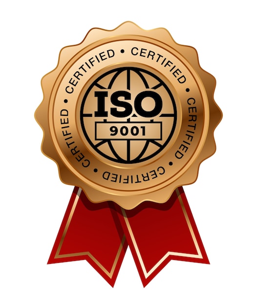 Medalha de bronze ISO 9001 com vetor de fita vermelha. Selo prêmio bronze. Sistemas de gestão da qualidade. SGQ