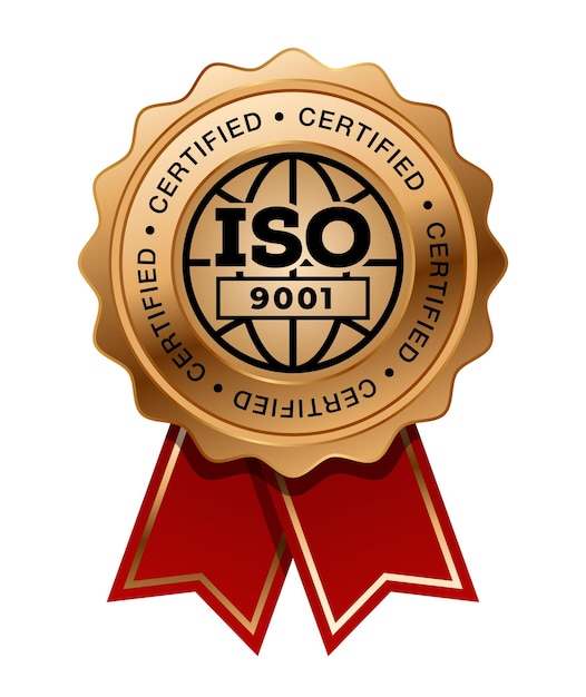 Medalha de bronze iso 9001 com vetor de fita vermelha. selo prêmio bronze. sistemas de gestão da qualidade. sgq