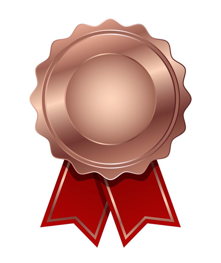 Vetor medalha de cobre com vetor de fita vermelha. selo prêmio cobre. prêmio de ícones de distintivo de medalha. modelo em branco
