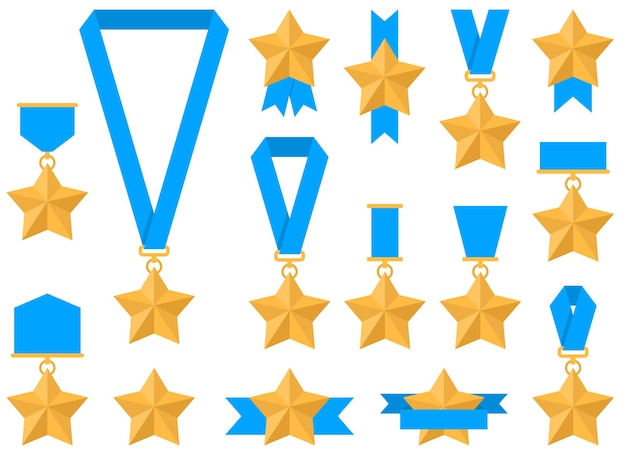 Medalha de estrela de ouro com ilustração vetorial de fita azul em estilo simples