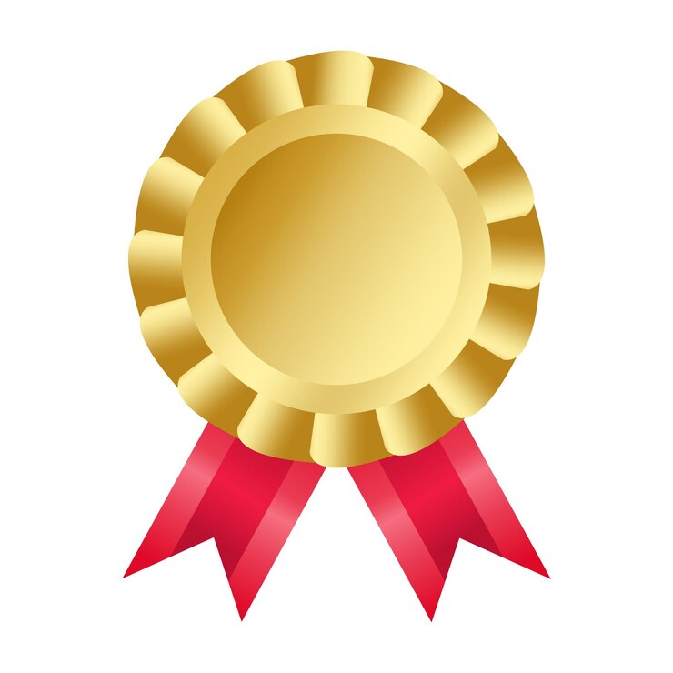 Vetor medalha de ouro com fitas vermelhas brilhantes