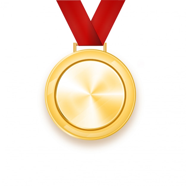 Medalha de ouro com uma fita vermelha. grinalda. prêmio pela vitória. vencedor.