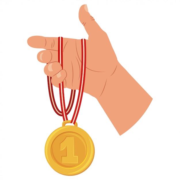 Medalha de ouro do vencedor na mão. ícone plana dos desenhos animados, isolado no fundo branco.