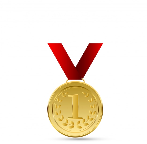 Medalha de ouro realista na fita vermelha. Vencedora . ilustração. ilustração de primeiro lugar