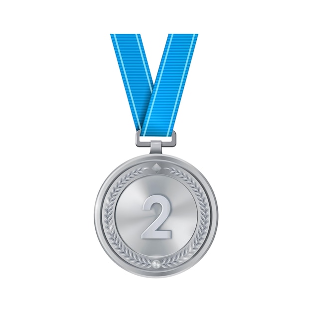 Medalha de prata realista na fita azul com o número dois gravado Prêmios de competição esportiva para o segundo lugar Recompensa do campeonato por conquistas e vitória
