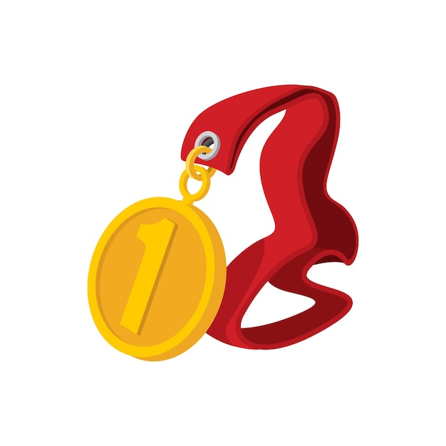 Medalha de primeiro lugar em um ícone de desenho animado de fita vermelha em um fundo branco