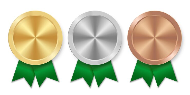Medalha esportiva de prata e bronze dourada com emblemas de honra vribbons