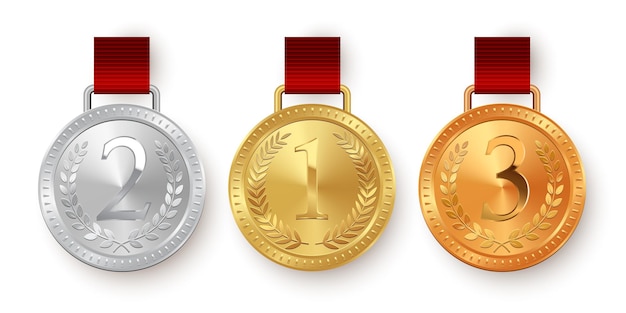 Vetor medalhas de ouro de prata e bronze com fitas vermelhas isoladas no fundo branco