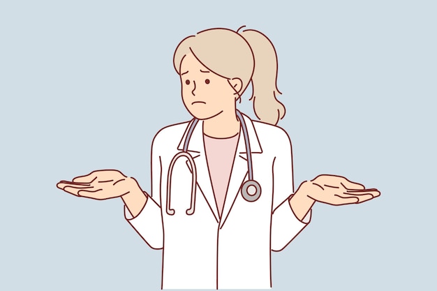 Médica abre as mãos vestidas com bata médica branca demonstra incapacidade de diagnosticar e curar o paciente Médico chateado com estetoscópio no pescoço tem dúvidas sobre a possibilidade de salvar o paciente