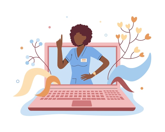 Médica africana dando consultas médicas remotas via internet Ajuda médica profissional Fazendo diagnósticos e tratando on-line remotamente Vetor