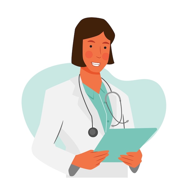 Médica com cabelo curto traz prancha