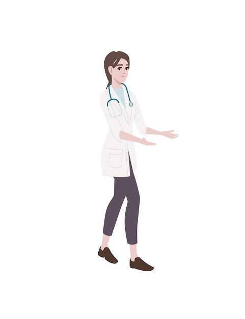 Médica com estetoscópio desenho de personagem de desenho animado ilustração vetorial plana isolada em fundo branco