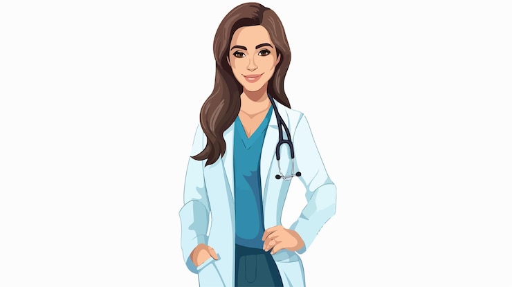 Vetor médica confiante em trajes azuis retrato