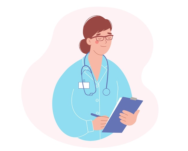 Médica de uniforme com estetoscópio Trabalhador de saúde segurando pasta com documentos médicos