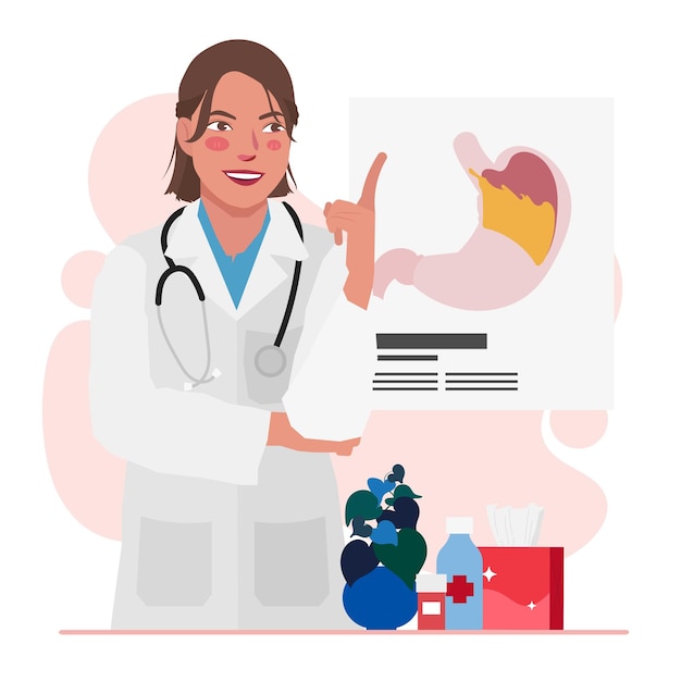 médica explica os sintomas de GERD estômago em ilustração plana