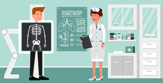 Médica faz exame médico e consulta paciente na sala de raio-x Consultora médica