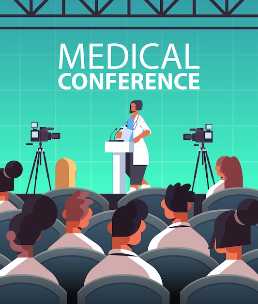 Vetor médica fazendo discurso na tribuna com microfone conferência médica medicina conceito de saúde sala de aula ilustração vetorial vertical interior