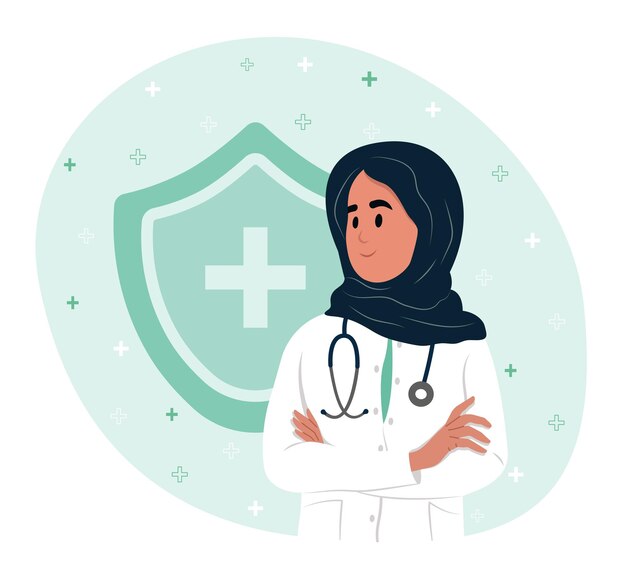 Médica muçulmana consulta médica on-line escudo conceito de cuidados de saúde conceito de seguro de saúde escudo do sistema imunológico