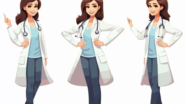 Vetor médica profissional e farmacêutica sorridente em postura positiva