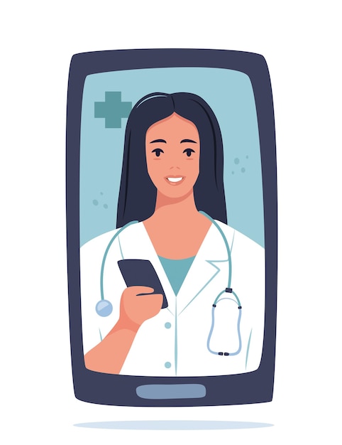 Vetor médica sorridente on-line na tela do telefone conceito de saúde médico videochamada