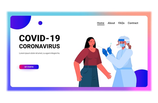 Médica usando máscara, fazendo teste de esfregaço para amostra de coronavírus de paciente mulher, procedimento de diagnóstico de pcr covid-19 pandemia conceito retrato ilustração vetorial horizontal