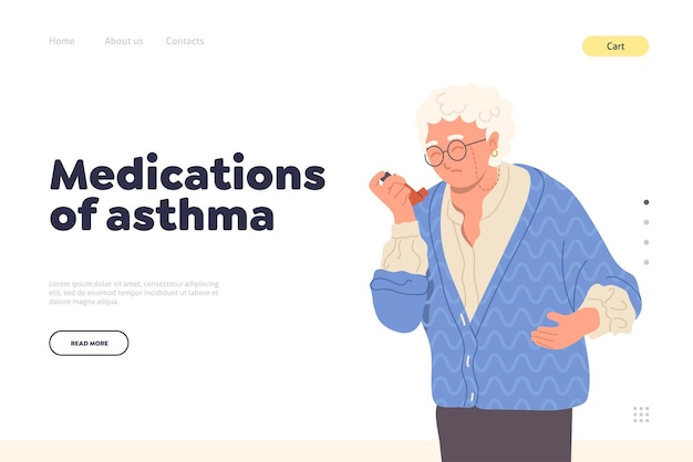 Vetor medicamentos do modelo de design de página de destino da asma com idosa usando spray bucal