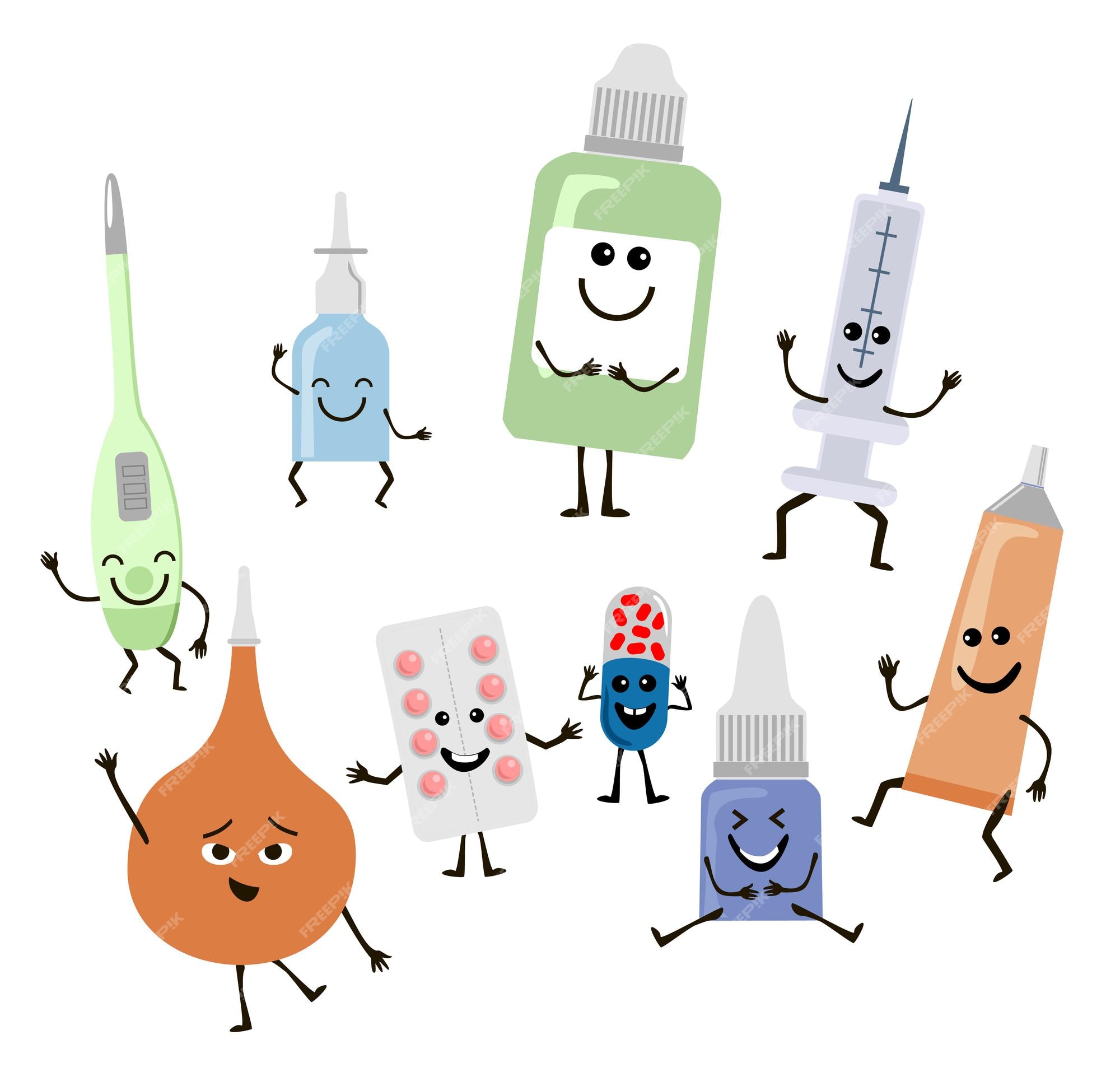 Medicamentos engraçados. emoticons de medicina em branco, pílulas