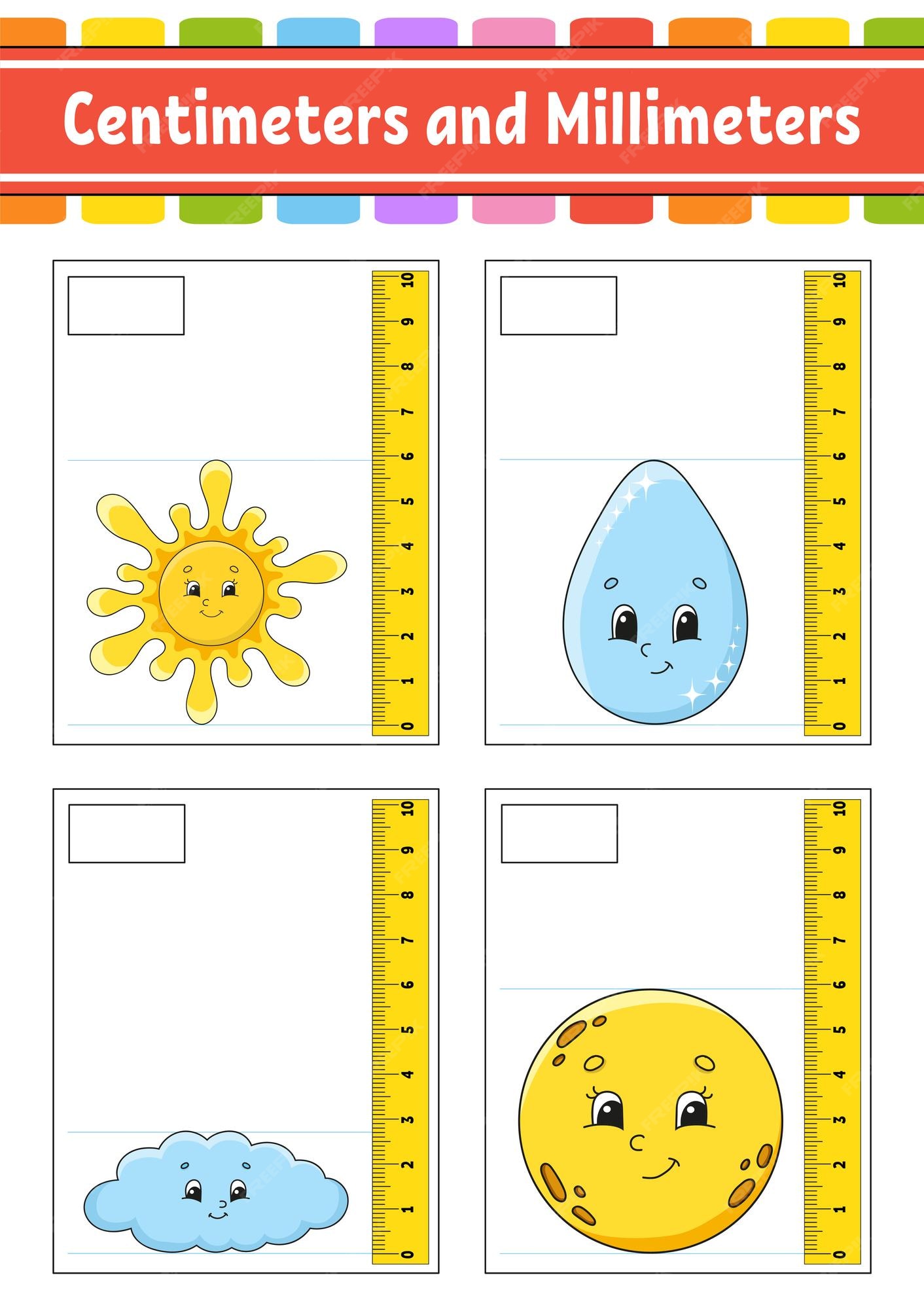 Medição de comprimento em centímetros e milímetros planilha de  desenvolvimento educacional jogo para crianças página de atividade colorida