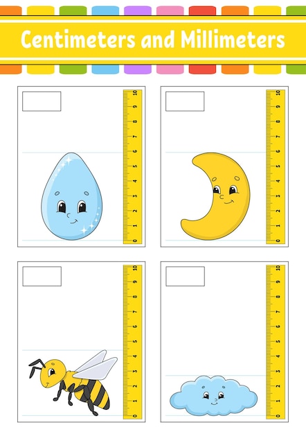 Medição de comprimento em centímetros e milímetros planilha de  desenvolvimento educacional jogo para crianças página de atividade colorida