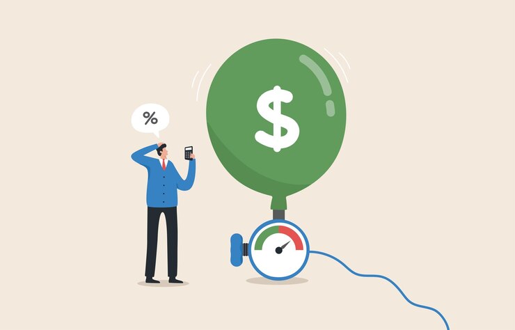 Vetor medição do indicador de inflação cpi da inflação previsão instável de negócios e economia com problemas financeiros um empresário mede a inflação de balões de ar maiores