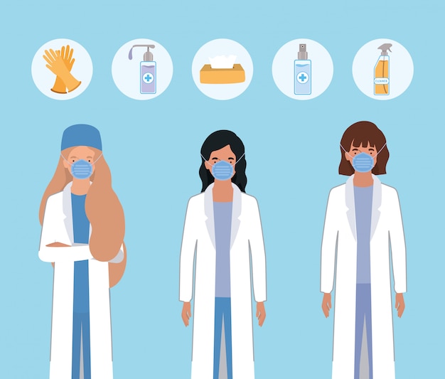 Médicas com máscaras e produtos de higiene contra