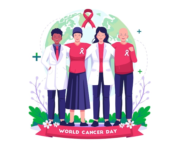 Médicas e pacientes com câncer se abraçam para celebrar a ilustração do Dia Mundial do Câncer