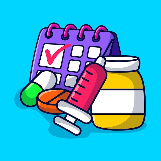 Vetor medicina com doodle de calendário com estilo colorido desenhado à mão