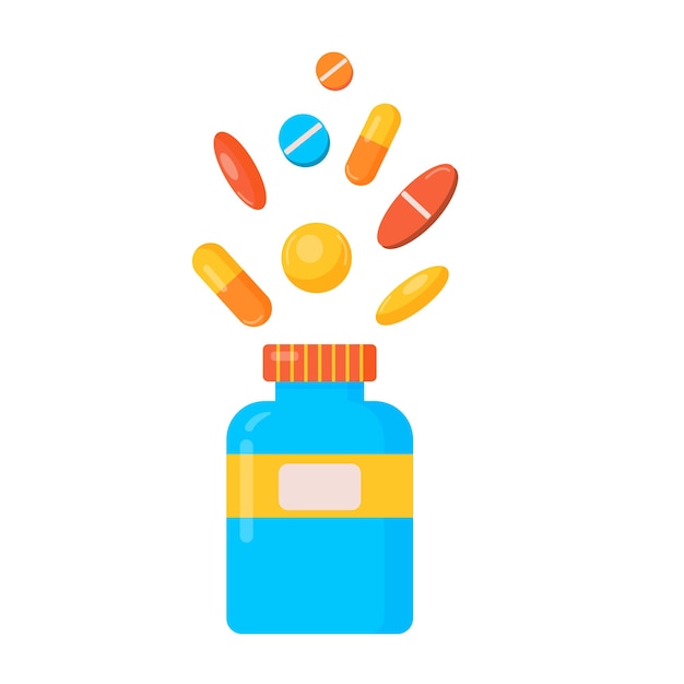 Medicina, conceito de farmácia. droga, ilustração vetorial de medicação. frasco de comprimidos com comprimidos em cima.