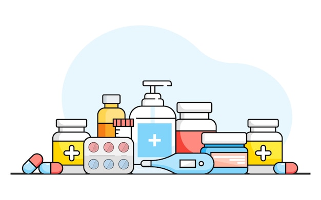 Medicina, farmácia, hospital conjunto de drogas com rótulos em um fundo branco. medicação, conceito de farmácia. gráficos planos.