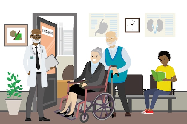 médico afro-americano e pessoas à espera perto do escritório do médico ilustração vetorial