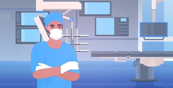 Vetor médico cirurgião masculino em máscara protetora e luvas hospital trabalhador de clínica médica em medicina uniforme conceito moderno clínica cirurgia quarto interior retrato horizontal