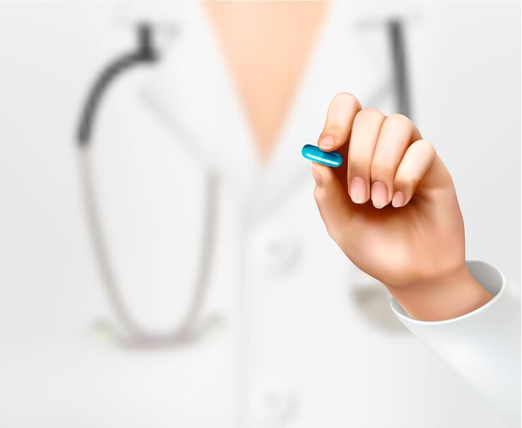Vetor médico com um estetoscópio, segurando um comprimido.