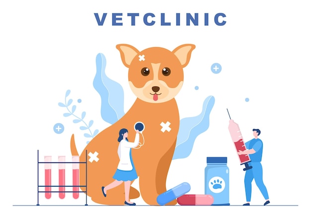 Médico de clínica veterinária examinando, vacinando e cuidando da saúde para animais de estimação como cães e gatos em ilustração vetorial de plano de fundo dos desenhos animados para pôster ou banner