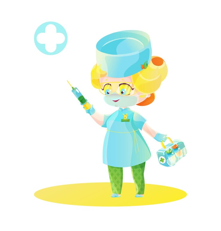 Vetor médico de mulher loira bonita com seringa e boxe com medicamentos. personagem de chibi, ilustração de desenho animado infantil