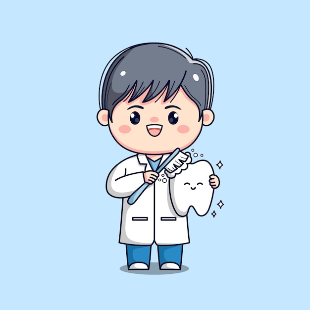 Vetor médico dentista bonitinho segurando dente kawaii chibi personagem delineado plano