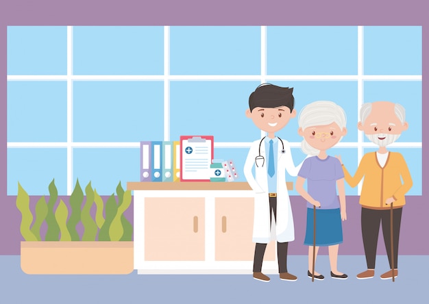 Médico e avós no hospital, médicos e idosos