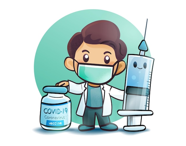Médico e coronavírus vacina coronavírus injeção seringa cartoon arte ilustração premium vector