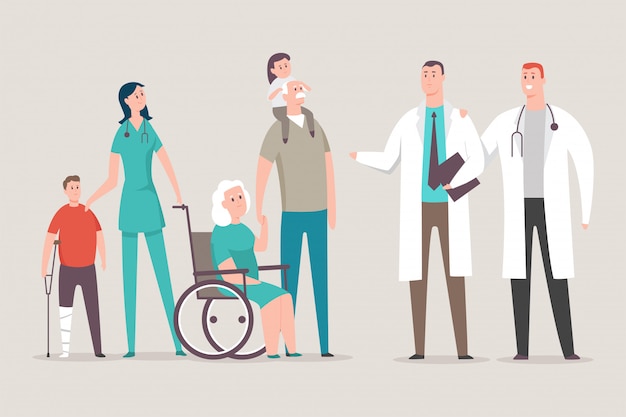 Médico e enfermeira com pacientes vector personagem de desenho animado isolado no fundo.