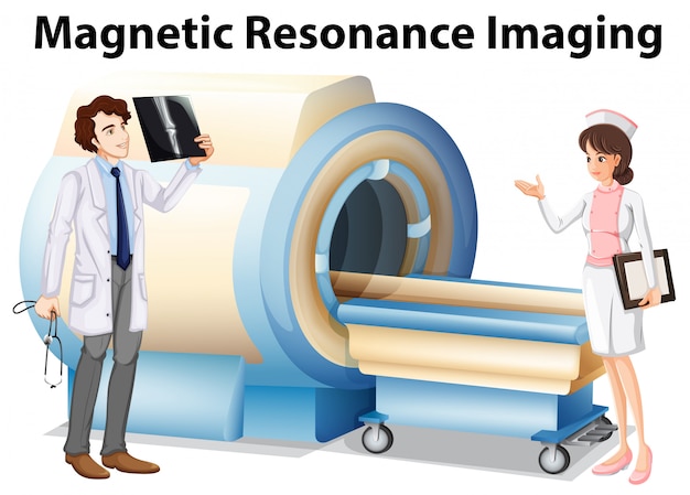 Médico e enfermeira trabalhando com máquina de ressonância magnética