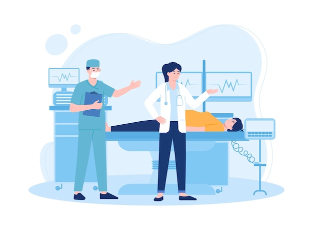 Vetor médico e enfermeiro mostrando o conceito infográfico do paciente ilustração plana