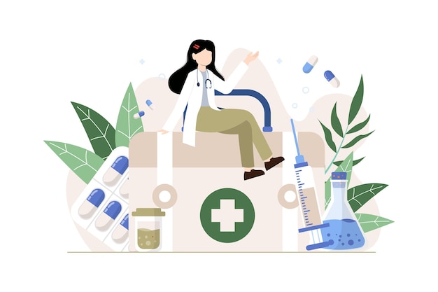 Médico e ilustração plana vetorial de medicina Serviços de farmácia médica