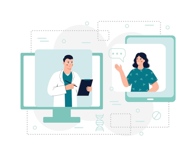 Vetor médico e mulher conversando on-line em videoconferência sobre tratamento profissão de médico on-line dando consultas aos pacientes on-line ilustração plana vetorial em cores azuis